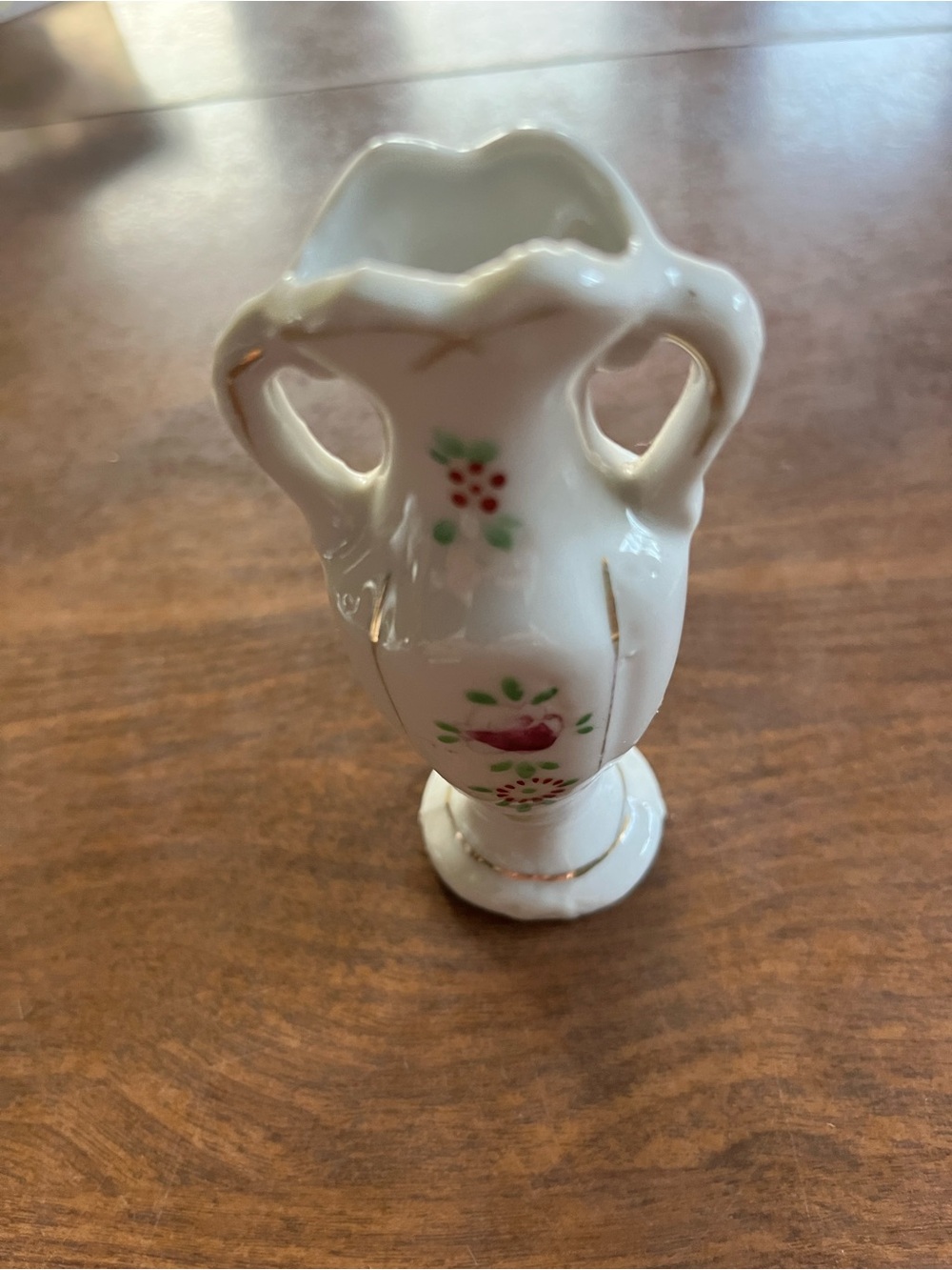 White Porcelain Mini Vase with Pink Floral Accents and Gold Trim